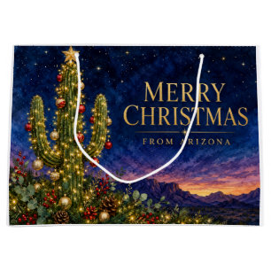 Arizona Merry Christmas Watercolor Cactus Holiday Large Gift Bag