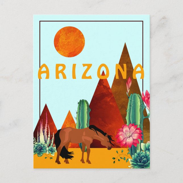 Arizona ~ Mountains, Cacti and Horse Desert Postcard (Front)