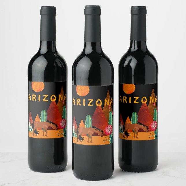 Arizona ~ Mountains, Desert, Horse and Full Moon Wine Label (Bottles)