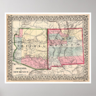 Arizona New Mexico Map 1867 Poster