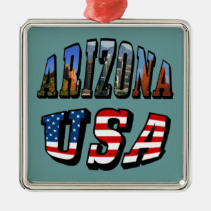 Arizona Picture and USA Flag Text Metal Tree Decoration