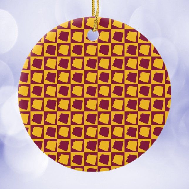 Arizona Pop Art Checkerboard Maroon Gold Ceramic Ornament (An ornament featuring a maroon and gold pattern with the US state of Arizona.)