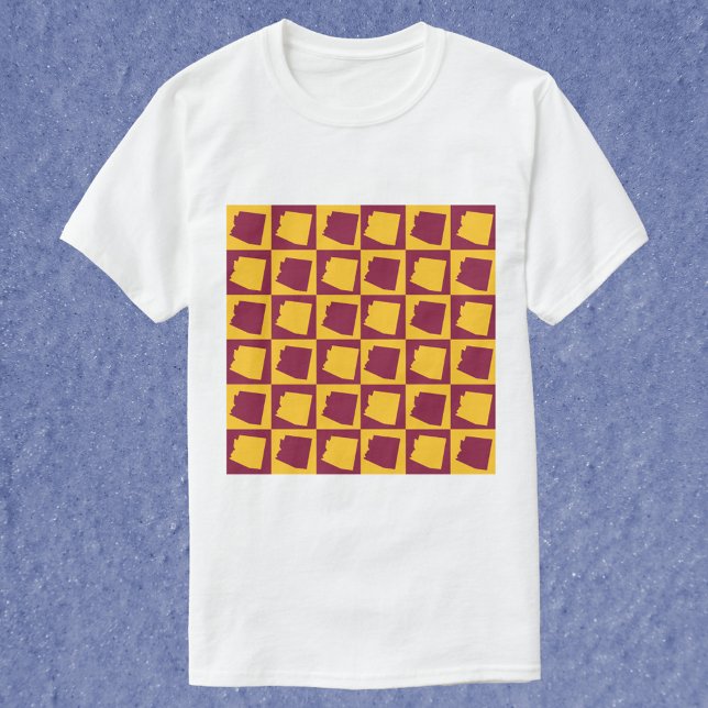 Arizona Pop Art Chequerboard Pattern Maroon Gold T-Shirt (A tshirt featuring a maroon and gold pattern with the outline of Arizona.)