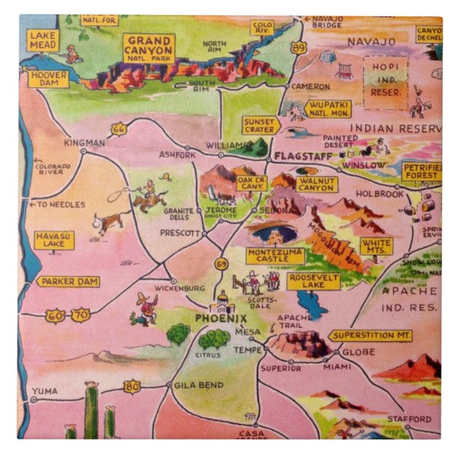 Arizona Postcard Map Ceramic Tile (Front)