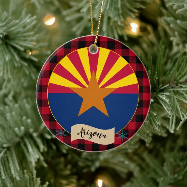 Arizona, Red buffalo plaid & Arizona Flag, USA Ceramic Ornament (Tree)