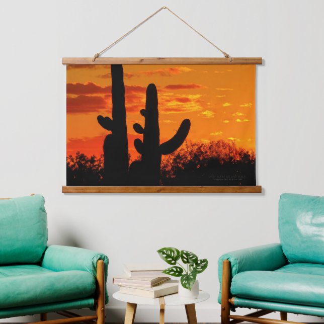 Arizona Saguaro Cacti With Bright Orange Sunset Hanging Tapestry (Living Room)