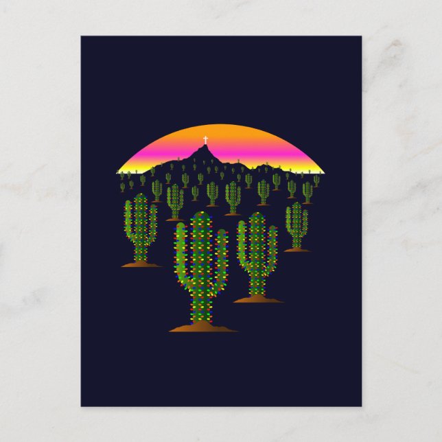 Arizona Saguaro Cactus Christmas Lights at Sunset Holiday Postcard (Front)