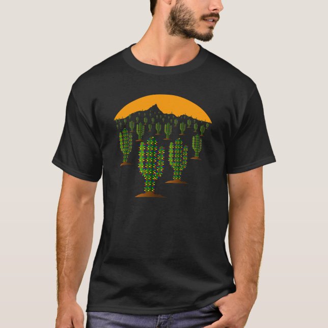 Arizona Saguaro Cactus Christmas Lights at Sunset T-Shirt (Front)