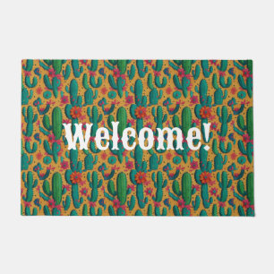 Arizona Saguaro Cactus Floral Seamless Pattern Doormat