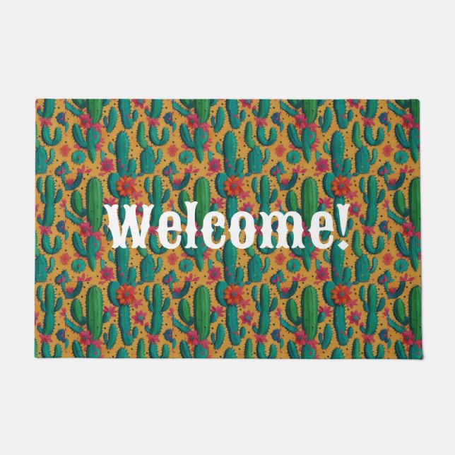 Arizona Saguaro Cactus Floral Seamless Pattern Doormat (Front)