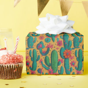 Arizona Saguaro Cactus Floral Seamless Pattern Wrapping Paper