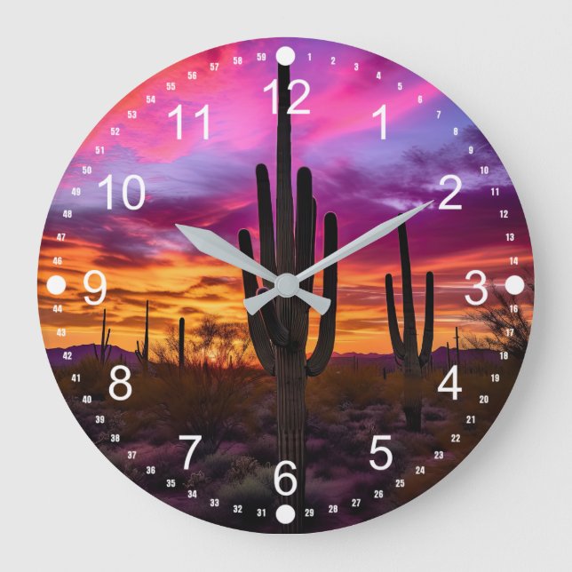 Arizona Saguaro Cactus Southwestern Sunset Large Clock (Front)