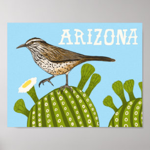 Arizona Saguaro Cactus Wren Cute Bird Nature  Poster