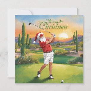 Arizona Santa Golfer on Desert Green Holiday Card