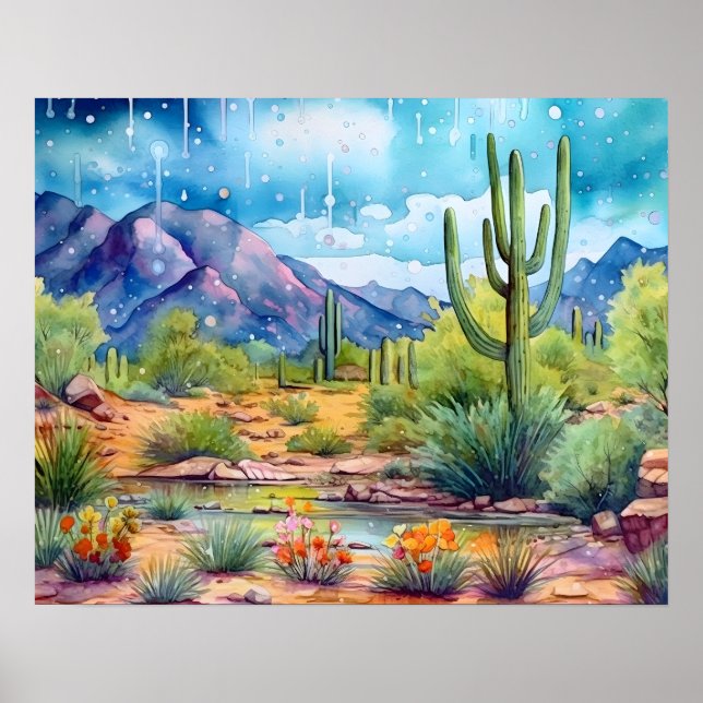 Arizona Spring Flowers Watercolor Landscape Poster (Front)