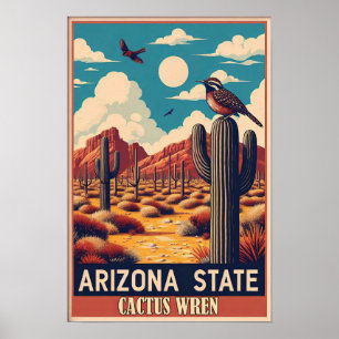 Arizona State Bird - Cactus Wren Vintage Poster