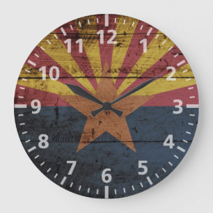 Arizona State Flag on Old Wood Grain Large Clock