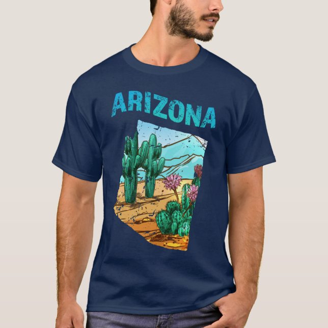 Arizona State Map Shape with Cactus Flower Desert  T-Shirt (Front)