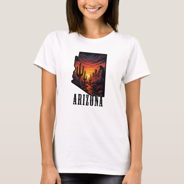 Arizona State Tattoo Style Desert Sunset $ Cactus T-Shirt (Front)