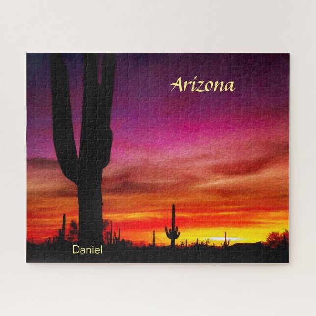Arizona Sunset Saguaro Cactus Digital Watercolor Jigsaw Puzzle (Horizontal)