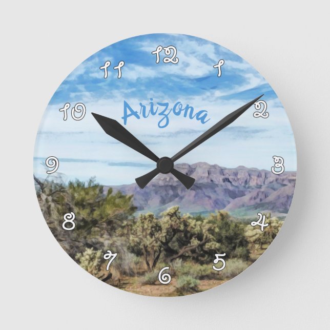 Arizona Superstition Mountains Landscape Painting Round Clock (Front)
