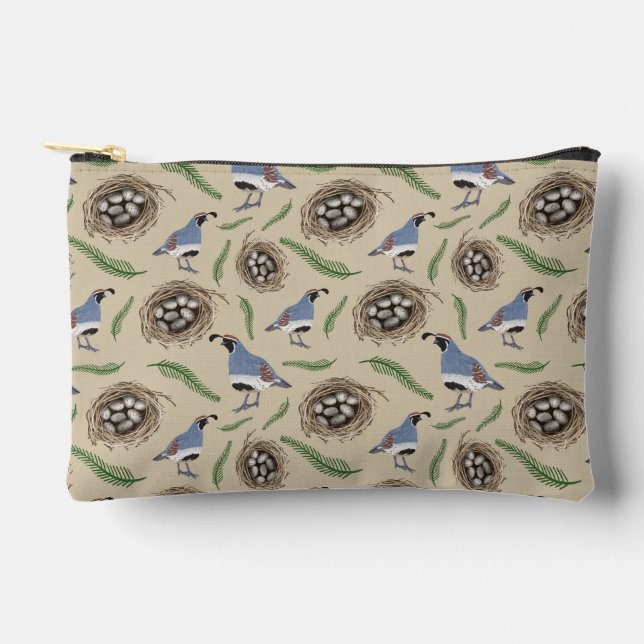 Arizona-Themed Hand-Drawn Gambel's Quail Pattern Accessory Pouch (Front)