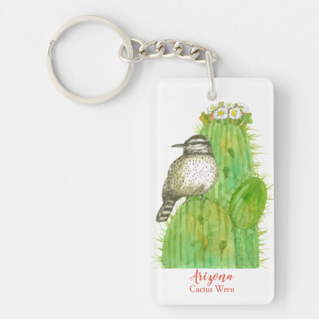 Arizona Wildlife Cactus Wren Bird Saguaro  Key Ring (Front)