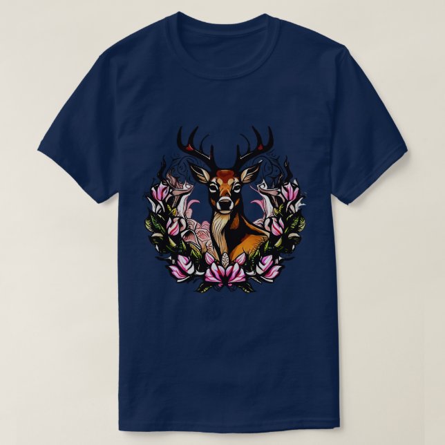 Arkansas Deer With Antlers And Apple Blossom Tatto T-Shirt (Design Front)