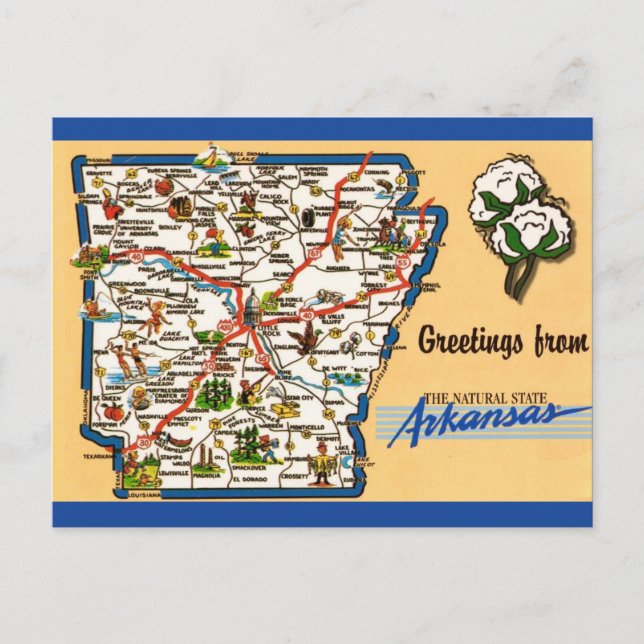  Arkansas Map Colourful Vintage Postcard  (Front)