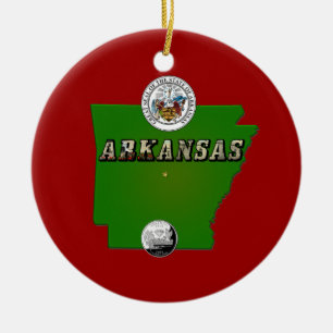 Arkansas Map, Seal and State Faux Quarter Ceramic Ornament