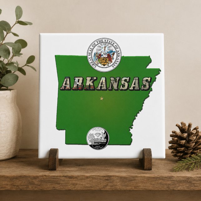 Arkansas Map, Seal and State Faux Quarter Ceramic Tile (Arkansas Map, Seal and State Faux Quarter Ceramic Tile)