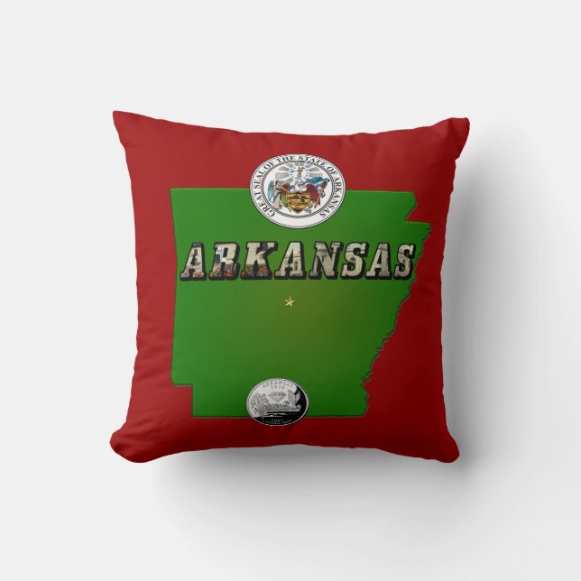 Arkansas Map, Seal and State Faux Quarter Cushion (Front)