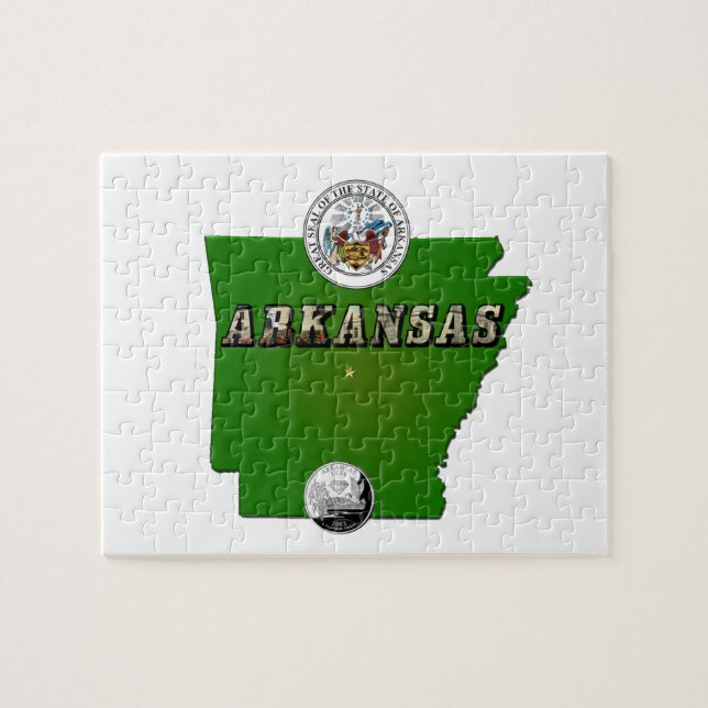 Arkansas Map, Seal and State Faux Quarter Jigsaw Puzzle (Horizontal)
