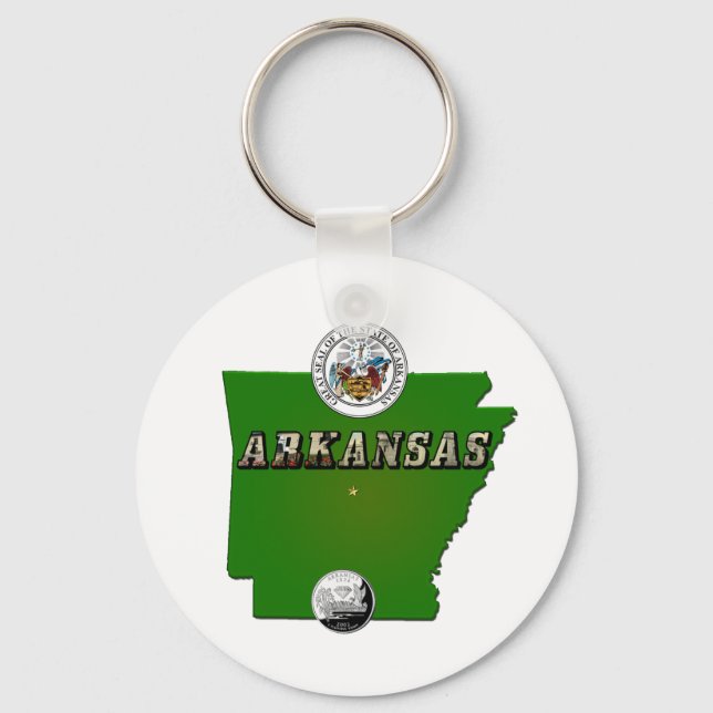 Arkansas Map, Seal and State Faux Quarter Key Ring (Front)
