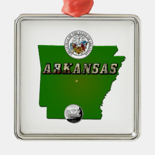 Arkansas Map, Seal and State Faux Quarter Metal Tree Decoration