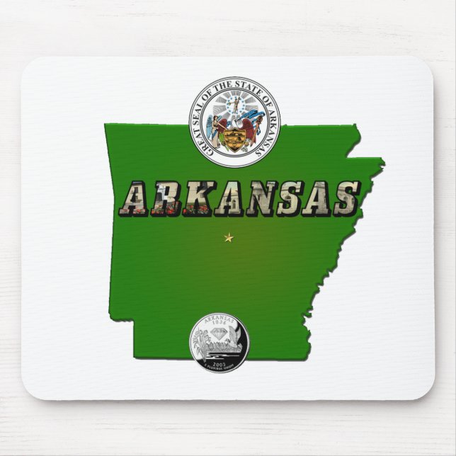 Arkansas Map, Seal and State Faux Quarter Mouse Pad (Front)