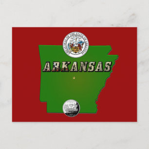 Arkansas Map, Seal and State Faux Quarter Postcard