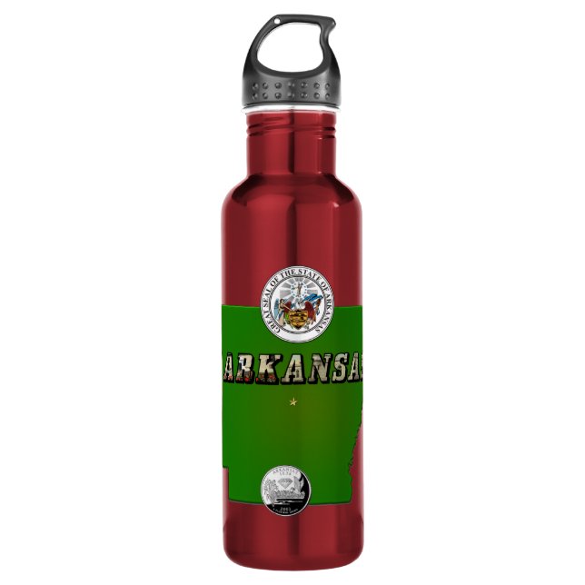 Arkansas Map, Seal and State Quarter 710 Ml Water Bottle (Front)