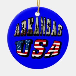 Arkansas Picture and USA Flag Text Ceramic Tree Decoration