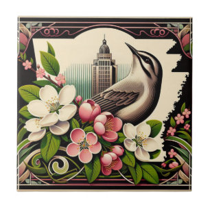 Arkansas State Flower and Bird Blue Pink Ceramic Tile
