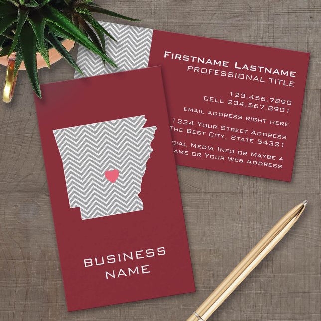 Arkansas State Map with Custom Red Heart and Name Business Card (Custom Business Card Template)