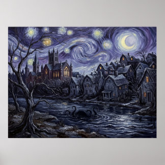 Arkham Massachusetts Starry Night Lovecraft Landsc Poster