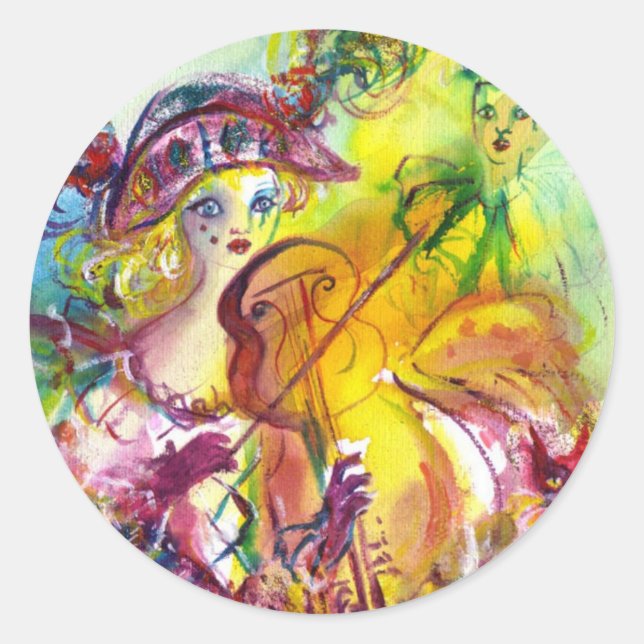 ARLECCHINA  VIOLINIST / Venetian Carnival Night Classic Round Sticker (Front)