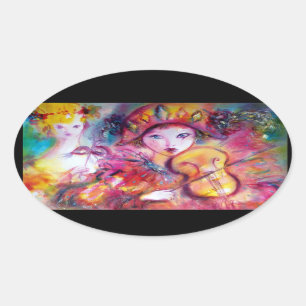 ARLECCHINO AND COLOMBINA ,Pink Fuchsia Yellow Blue Oval Sticker