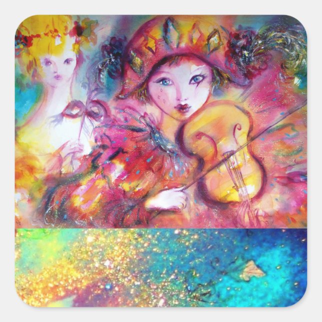 ARLECCHINO AND COLOMBINA ,Pink Fuchsia Yellow Blue Square Sticker (Front)