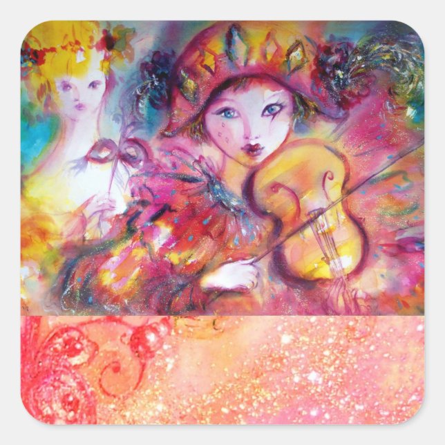 ARLECCHINO AND COLOMBINA ,Pink Fuchsia Yellow Blue Square Sticker (Front)