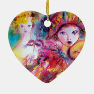 ARLECCHINO AND COLOMBINA pink red Heart Ceramic Tree Decoration