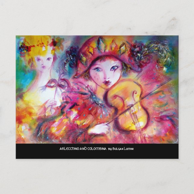 ARLECCHINO AND COLOMBINA Venetian Masquearde Masks Invitation Postcard (Front)