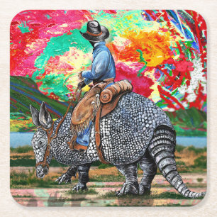 Armadillo Cowboy Square Paper Coaster