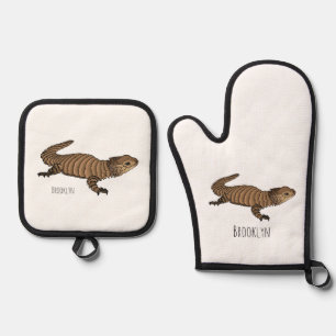 Armadillo girdled lizard cartoon illustration  oven mitt & pot holder set